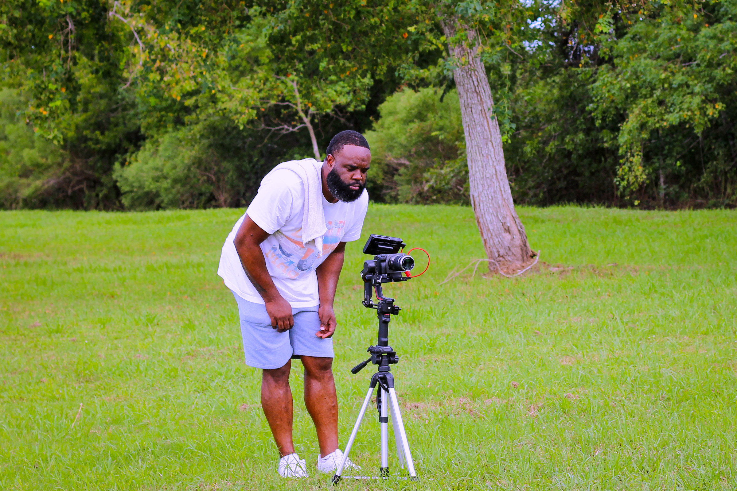 Setting up a shot on location outdoors