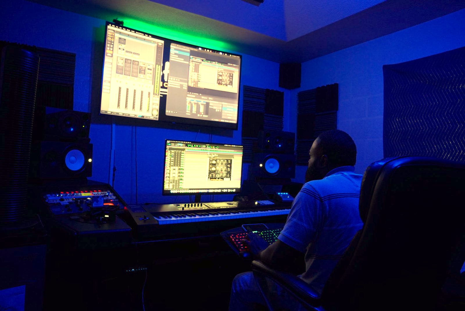 The control room, monitors and desk